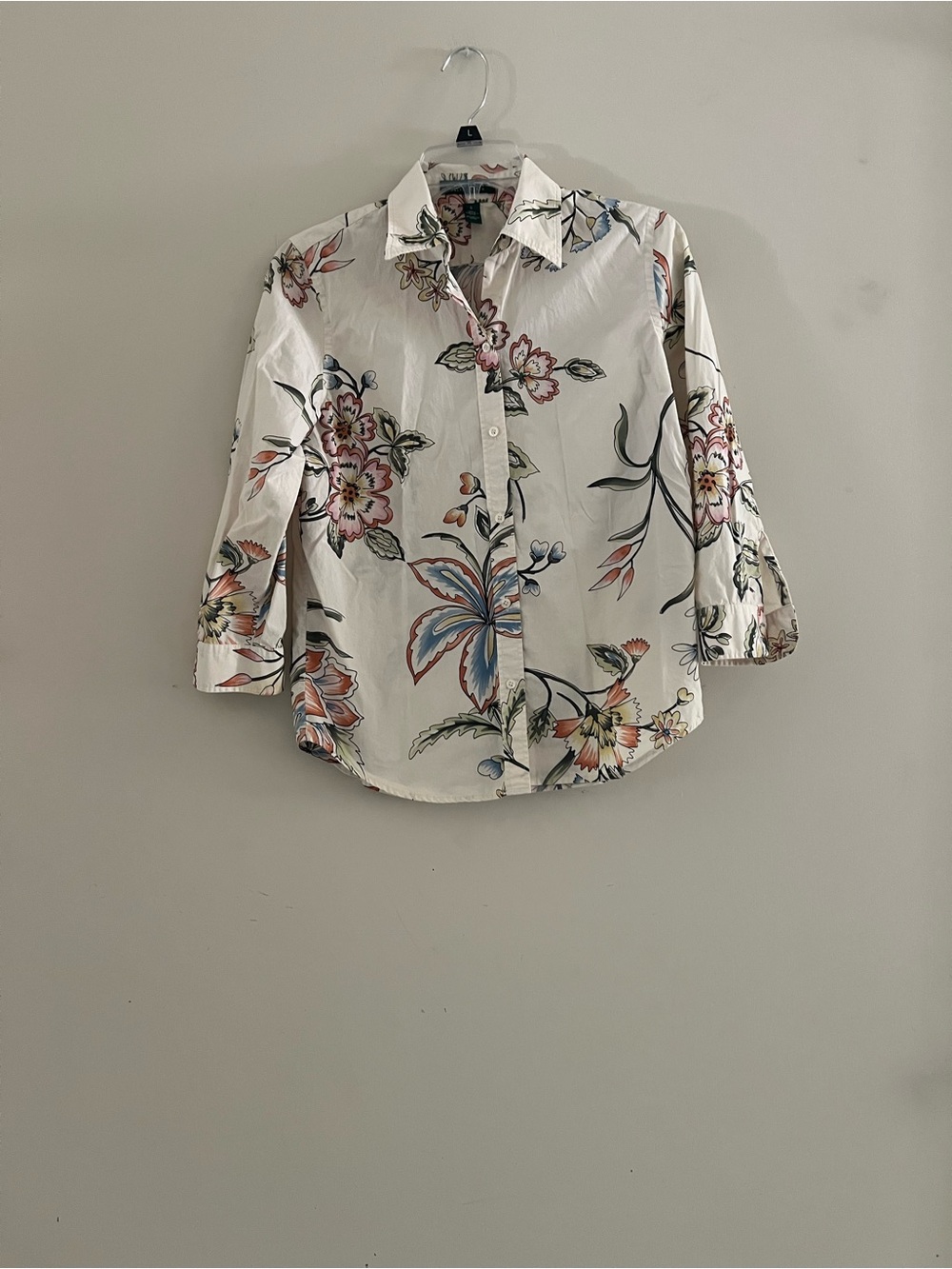 Vintage 1970’sRalph Lauren White Button-Down Blouse with Multicolor Floral Print
